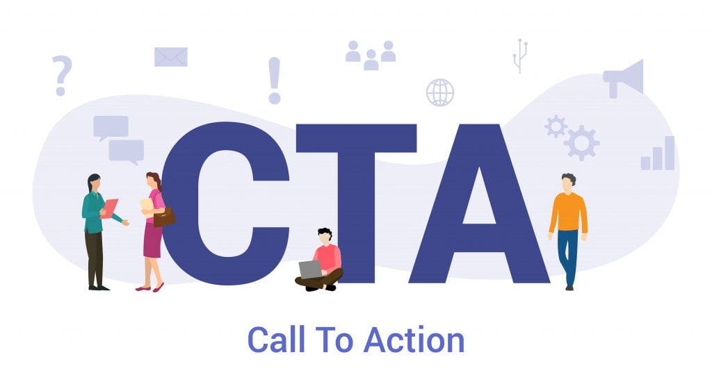 cta call to action concept with big word or text and team people
