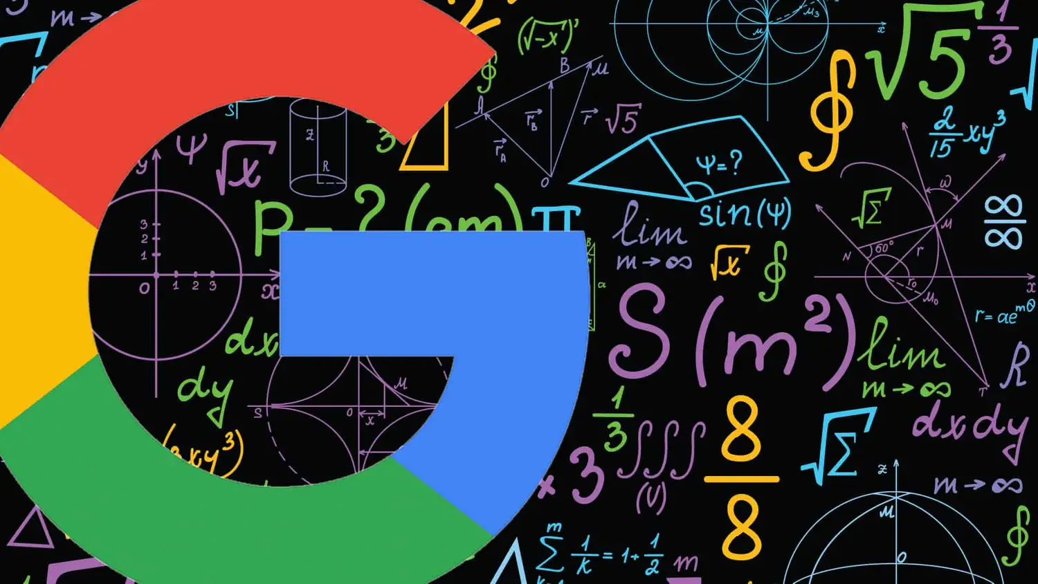 Image of the letter G from the google logo with functional mathematical numbers and symbols in the background.